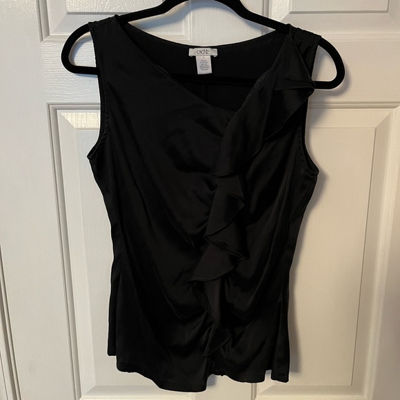 Caché Silk Sleeveless Fitted Black Top Sz L Shirt Ruffle Dressy Cocktail Women - Picture 7 of 13